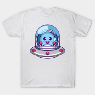 Cute alien head inside the astronaut helmet with ufo illustration T-Shirt